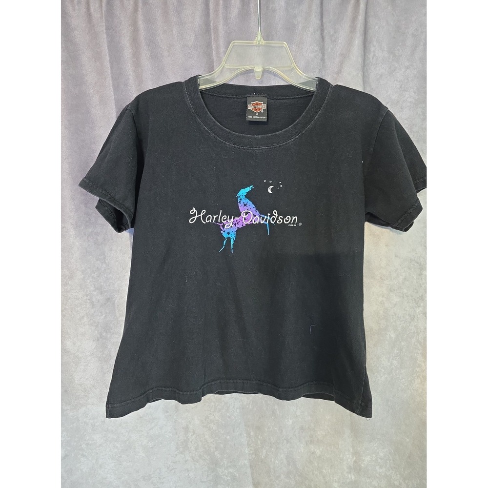 Harley Davidson Shirt Women's Medium Black Horse Galaxy Celestial Script Tee VTG